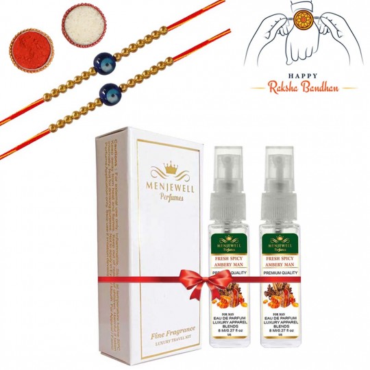 Rakhi, Perfume Set (Rakhi Gift Set For Brother With Fresh Spicy Ambery Man Perfume With 2 Rakhi)