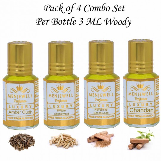 Menjewell Gift Pack of 4 Long Lasting Roll on  Wood Attar Perfumes 
