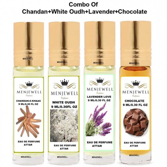 Menjewell Pack of 4 Psc (Chandan-e-Khaas,White Oudh,Lavender,Chocolate)9ml Attar/Perfume Floral Attar  (Woody, Sandalwood, Chocolate, Floral)