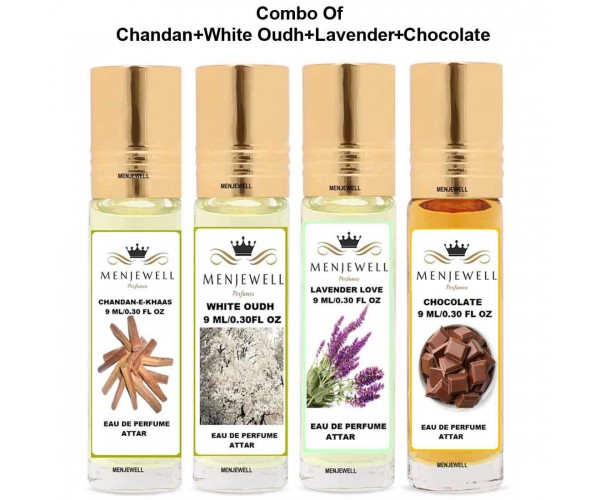 Menjewell Pack of 4 Psc (Chandan-e-Khaas,White Oudh,Lavender,Chocolate)9ml Attar/Perfume Floral Attar  (Woody, Sandalwood, Chocolate, Floral)