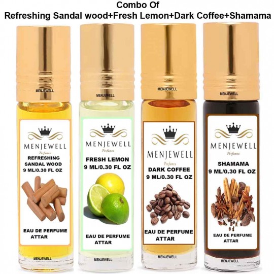 Menjewell Pack of 4 Psc (Refreshing Sandalwood,Lemon,Coffee,Shamama)9ml Attar/Perfume Floral Attar  (Mitti, Chocolate, Fruity)