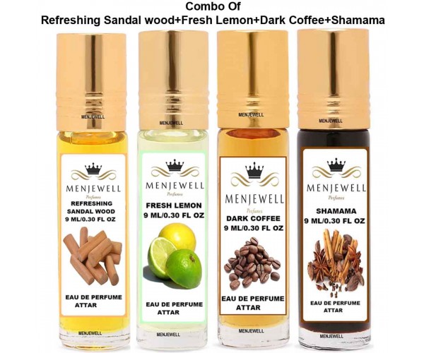 Menjewell Pack of 4 Psc (Refreshing Sandalwood,Lemon,Coffee,Shamama)9ml Attar/Perfume Floral Attar  (Mitti, Chocolate, Fruity)