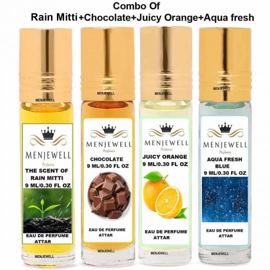 Menjewell Pack of 4 Psc ( Rain Mitti, Chocolate, Juicy Orange , Aqua Fresh ) 9ml Attar/Perfume