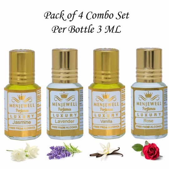 Menjewell Fragrances Gift Pack of 4 Long Lasting Roll on Attar Perfumes (Jasmine,Lavender,Vanilla,Rose)
