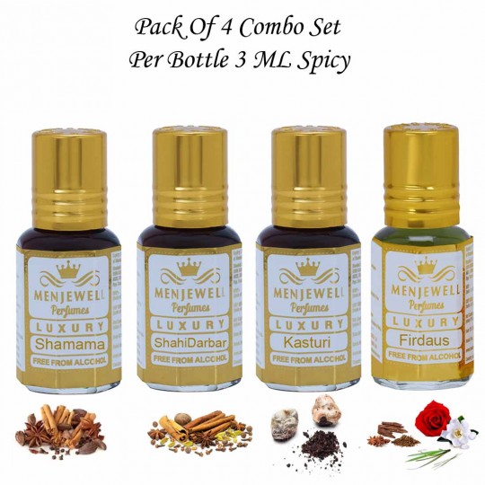 Menjewell  Gift Pack of 4 Long Lasting Roll on Spicy Attar Perfumes 