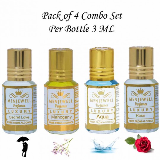 Menjewell Fragrances Gift Pack of 4 Long Lasting Roll on Attar Perfumes(Secret Love,Mahogany,Aqua,Rose)